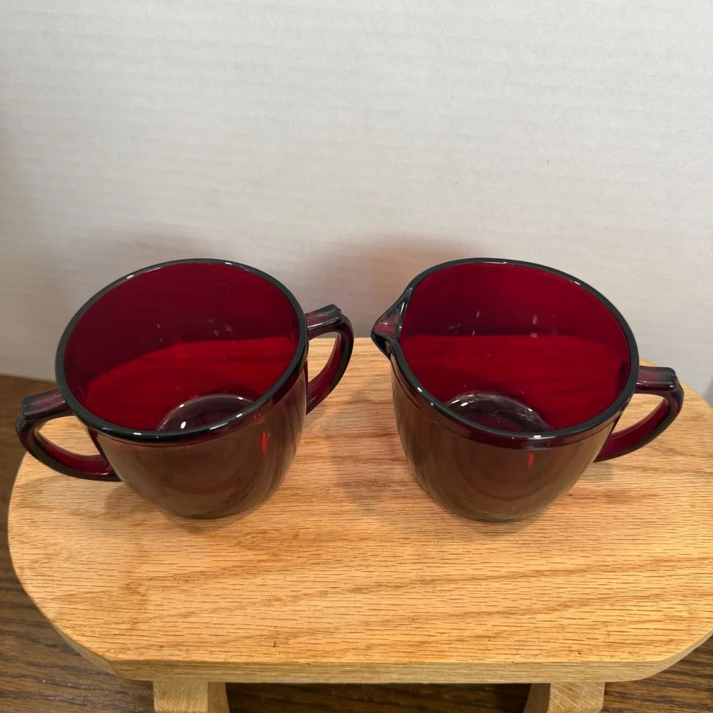 Anchor Hocking Royal Ruby Red Glass Creamer Sugar Bowl Set Vintage Mid Century